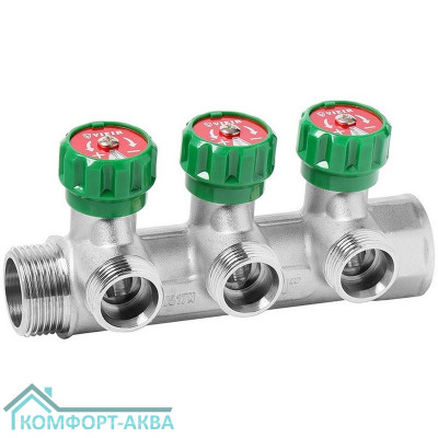 Коллектор VIEIR латунный с регулирующими вентилями 1"x3/4"- 3 вых. VR526-3