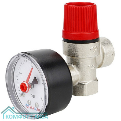 Клапан предохранительный VARMEGA 1/2" ВР-ВР, 6 бар, мембранный, с манометром, VM16617
