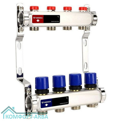Группа коллекторная для отопления VARMEGA VM15504 ВР 1", на 4 контура 3/4" EK, нерж. сталь