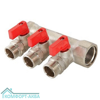Коллектор с отсекающими шаровыми кранами 3 выхода 1" * 1/2" (VTc.580.N) (Valtec)