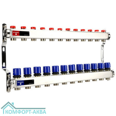 Группа коллекторная для отопления VARMEGA VM15512 ВР 1", на 12 контуров 3/4" EK, нерж. сталь