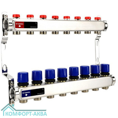 Группа коллекторная для отопления VARMEGA VM15508 ВР 1", на 8 контуров 3/4" EK, нерж. сталь