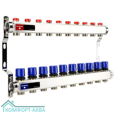 Группа коллекторная для отопления VARMEGA VM15510 ВР 1", на 10 контуров 3/4" EK, нерж. сталь