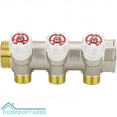 Коллектор распределительный VARMEGA с запорными клапанами1х3/4, 3 выхода, евро конус