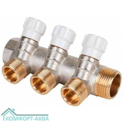 Коллектор латунный MVI 1"x3/4"x3 выхода, с регулирующими вентилями