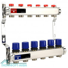Группа коллекторная для отопления VARMEGA VM15506 ВР 1", на 6 контуров 3/4" EK, нерж. сталь