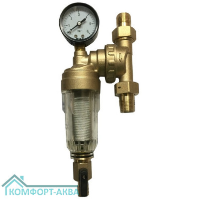Фильтр самопромывной с поворотным фланцем с манометром TIM JH1002W3 1/2" прозрачный корпус