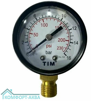 TIM Y-50-16 манометр пружинный радиальное нижнее подключение 16 бар, 1/4"