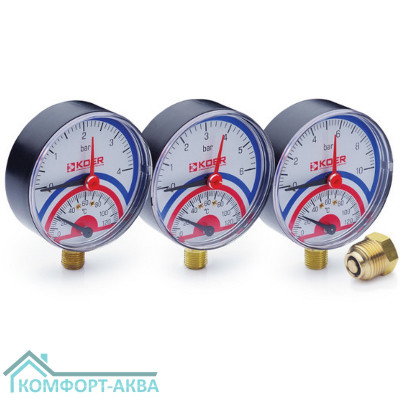 KOER KR0194 термоманометр пружинный радиальное нижнее подключение 6 бар, 120°С, 1/4" с переходом на 1/2"